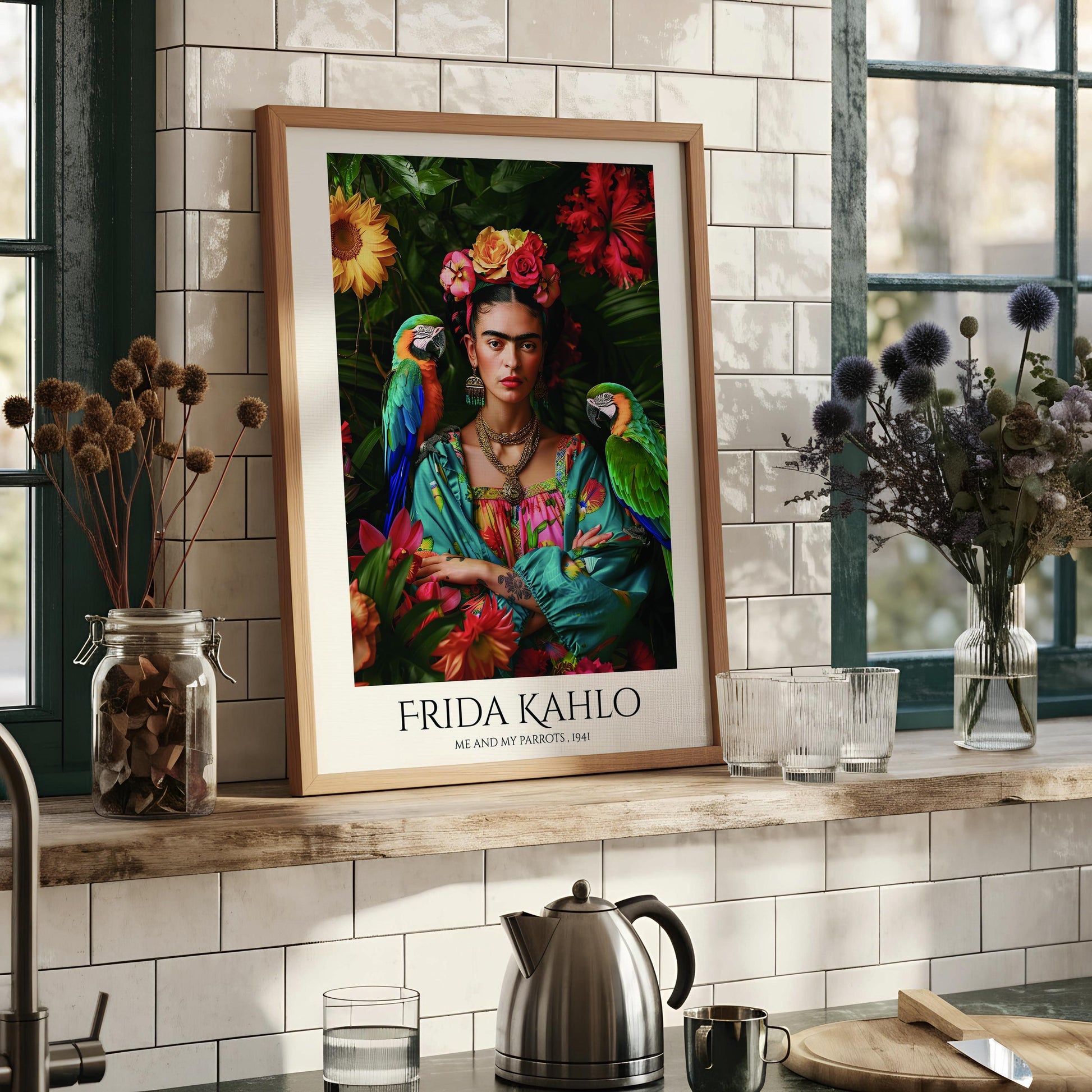 Frida Kahlo Parrots Art Print | Tropical Portrait Wall Art | Mexican Artist Poster | Colourful Botanical Decor | Feminist Gift