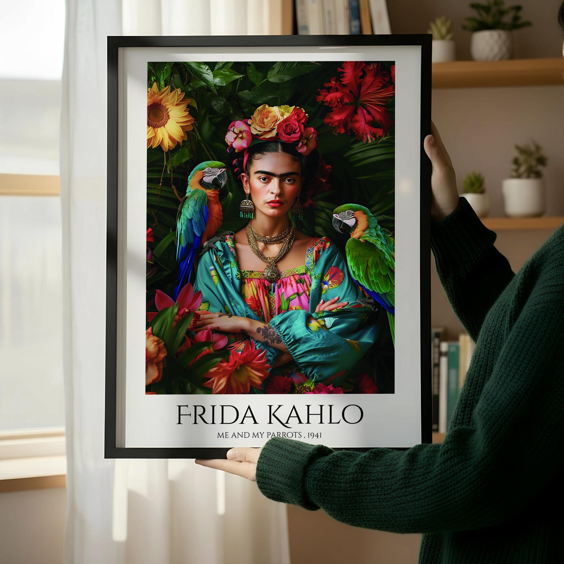Frida Kahlo Parrots Art Print | Tropical Portrait Wall Art | Mexican Artist Poster | Colourful Botanical Decor | Feminist Gift
