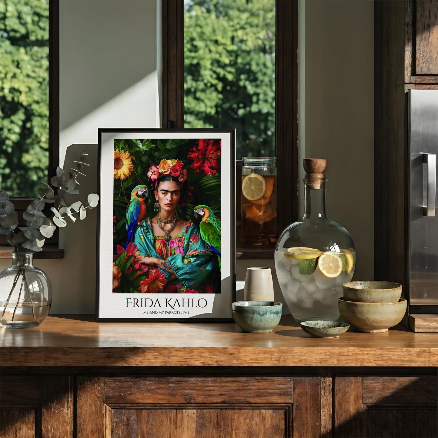 Frida Kahlo Parrots Art Print | Tropical Portrait Wall Art | Mexican Artist Poster | Colourful Botanical Decor | Feminist Gift