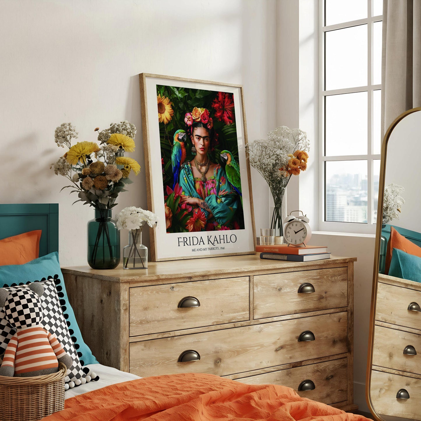 Frida Kahlo Parrots Art Print | Tropical Portrait Wall Art | Mexican Artist Poster | Colourful Botanical Decor | Feminist Gift