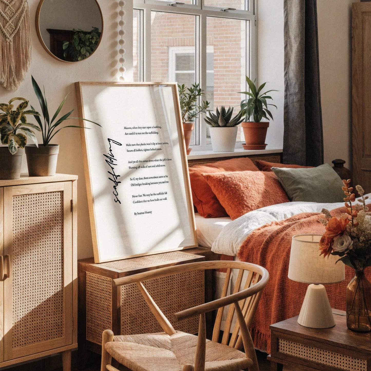 a white desk with a framed poem, a notebook, a cup, and a vase with dried flowers. The desk is set against a white wall, and there is a window in the background.