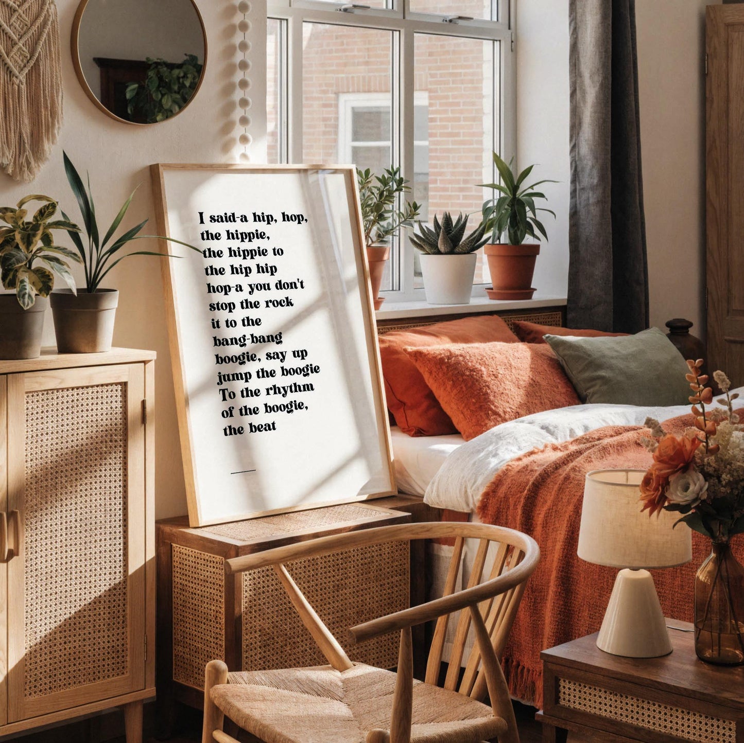 a framed quote on a white wall, accompanied by a white desk with various items such as a coffee cup, a notebook, and a vase with dried flowers.