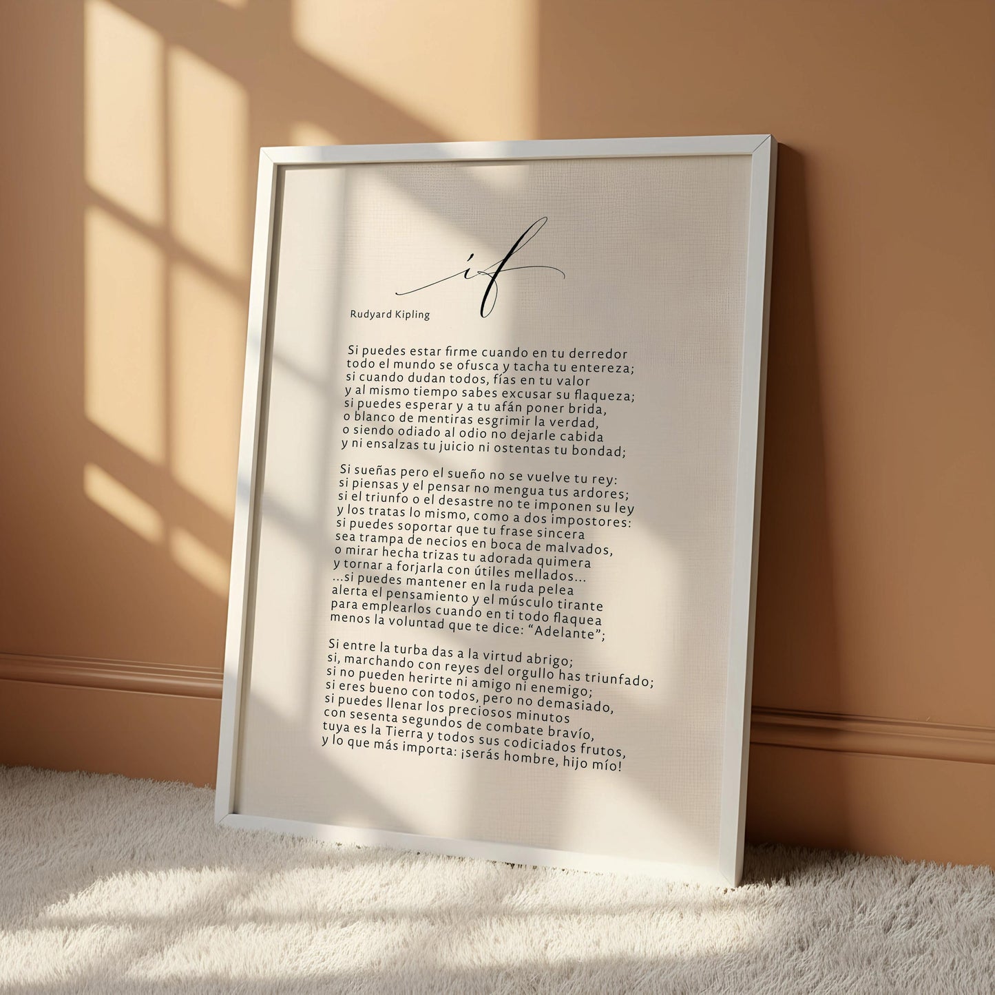 a framed text in Spanish, which is a poem or a speech, hanging on a wall. The text is written in a black font on a white background, and it is framed by a wooden frame. The image does not contain any other objects or text, and it is not a photograph. The text is described in a way that it is a poem or a speech, and it is not a picture.