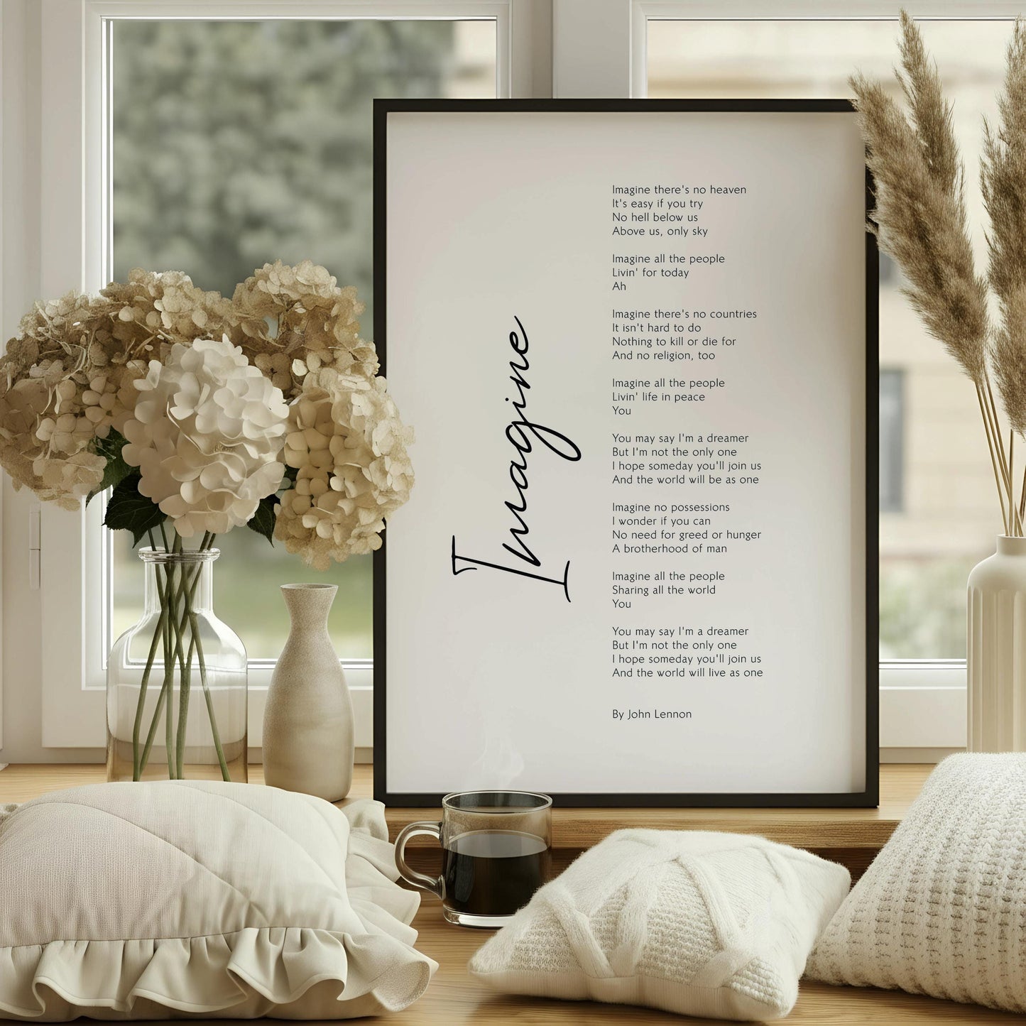 Imagine John Lennon Lyrics Print, Framed Song Poster | Peaceful Gift | Watercolor Paper
