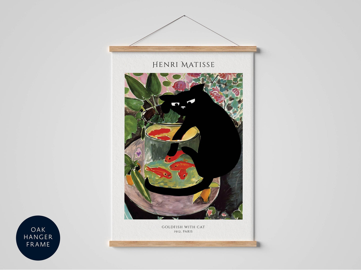 The image is a framed print of a painting by Henri Matisse, depicting a black cat sitting in a fishbowl filled with colorful fish.