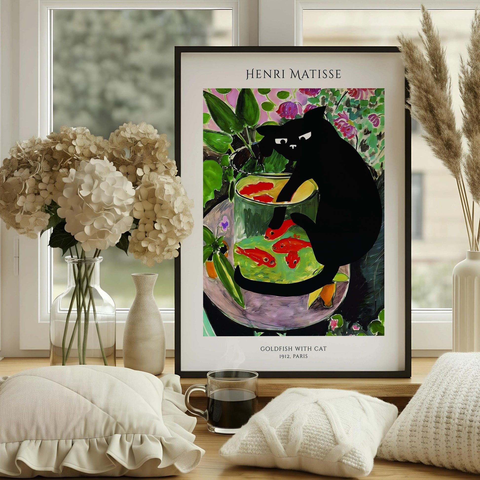 Henri Matisse Goldfish with Cat Print, Funny Feline Poster | Gift for Kitten Lover | Framed Oak Hanger