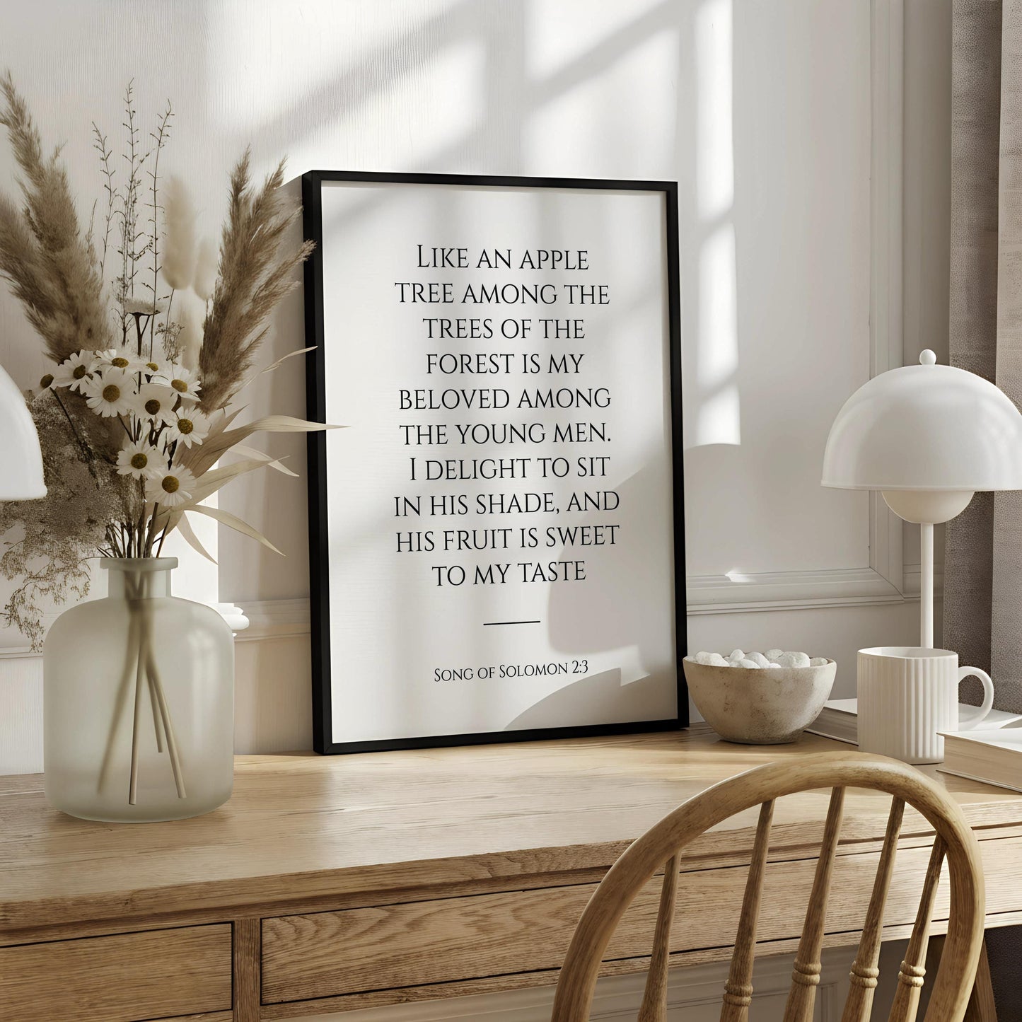 a quote from the song of Solomon 23, which reads: "Like an apple tree among the trees of the forest is my beloved among the young men, I delight to sit in his shade, and his fruit is sweet to my taste."