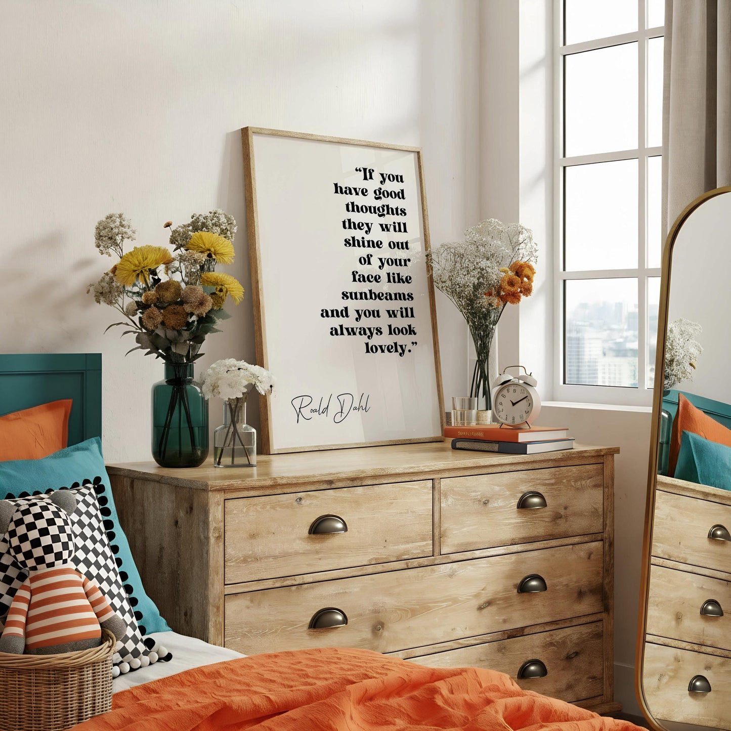Roald Dahl Print, Good Thoughts Sunbeams Quote - Nursery Wall Art | Typography Decor | Kids Room Gift