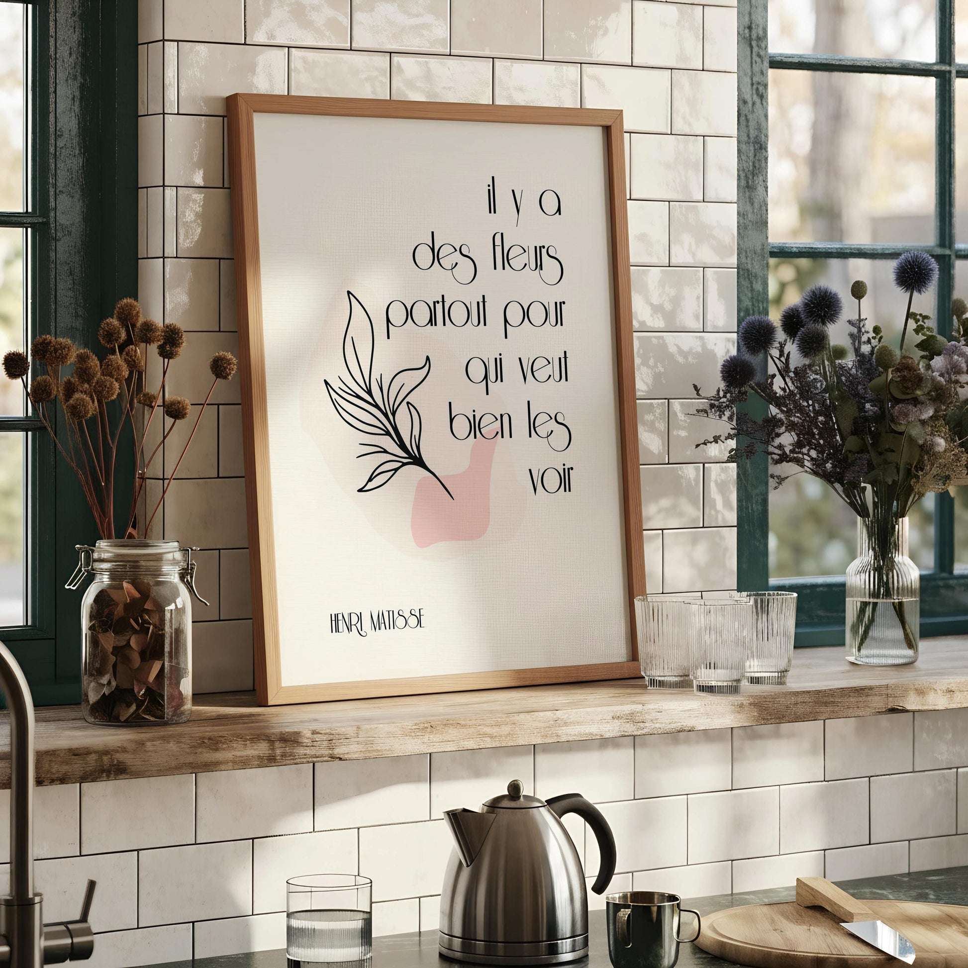 a framed poster with a minimalist design and text.