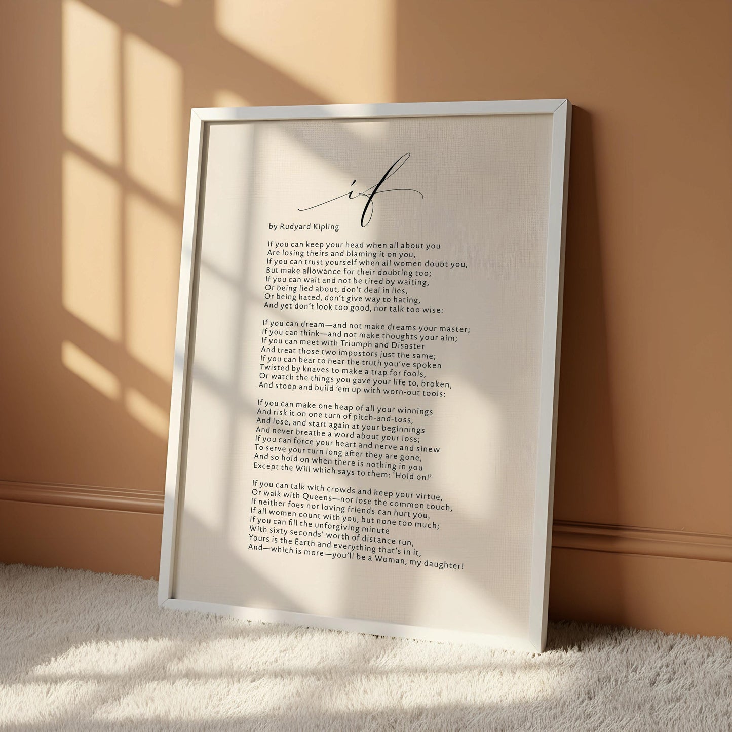The image is a framed print of a poem titled "If" by Rudyard Kipling, which is hanging on a wall.