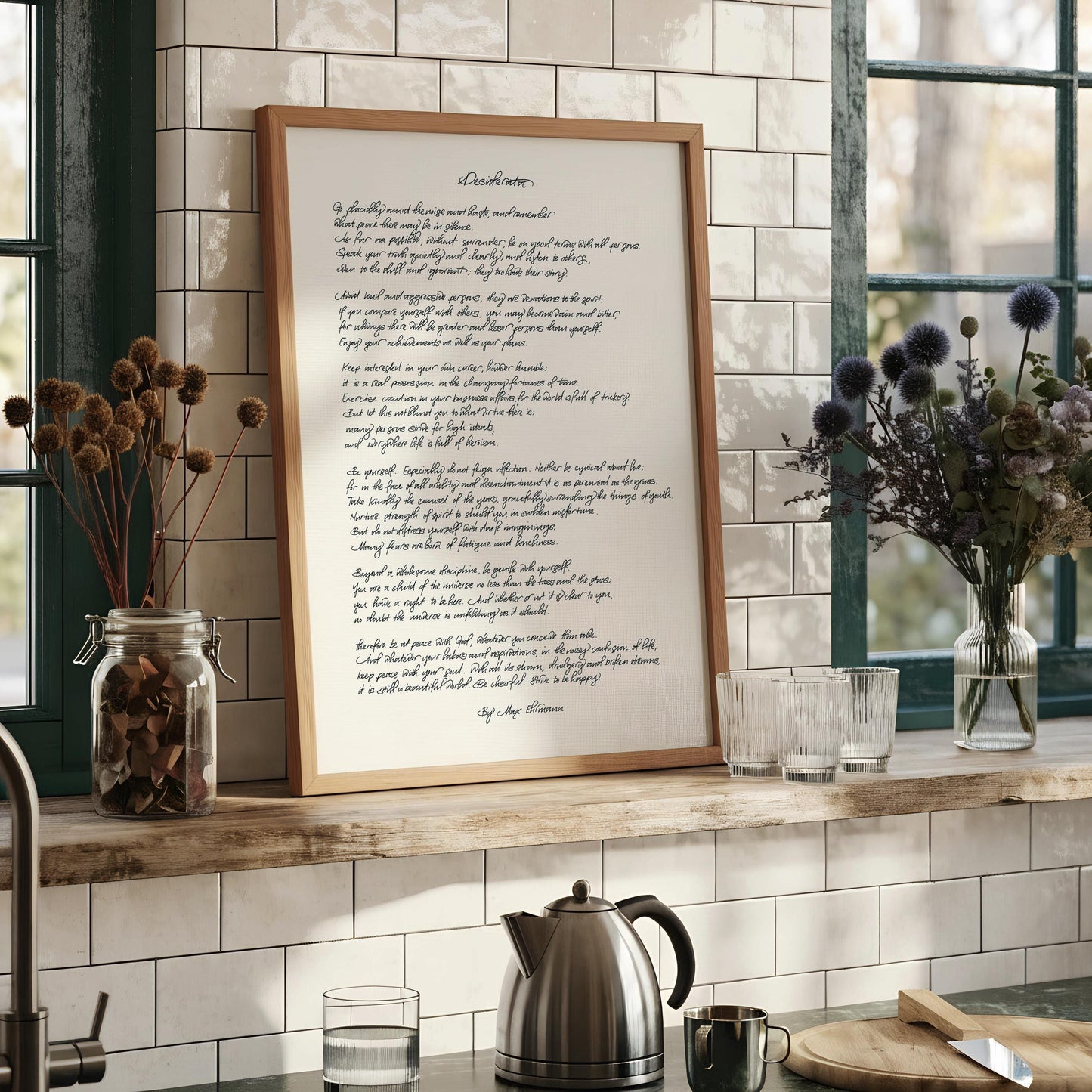 a framed handwritten poem titled "Dedication" with a black and white color scheme.