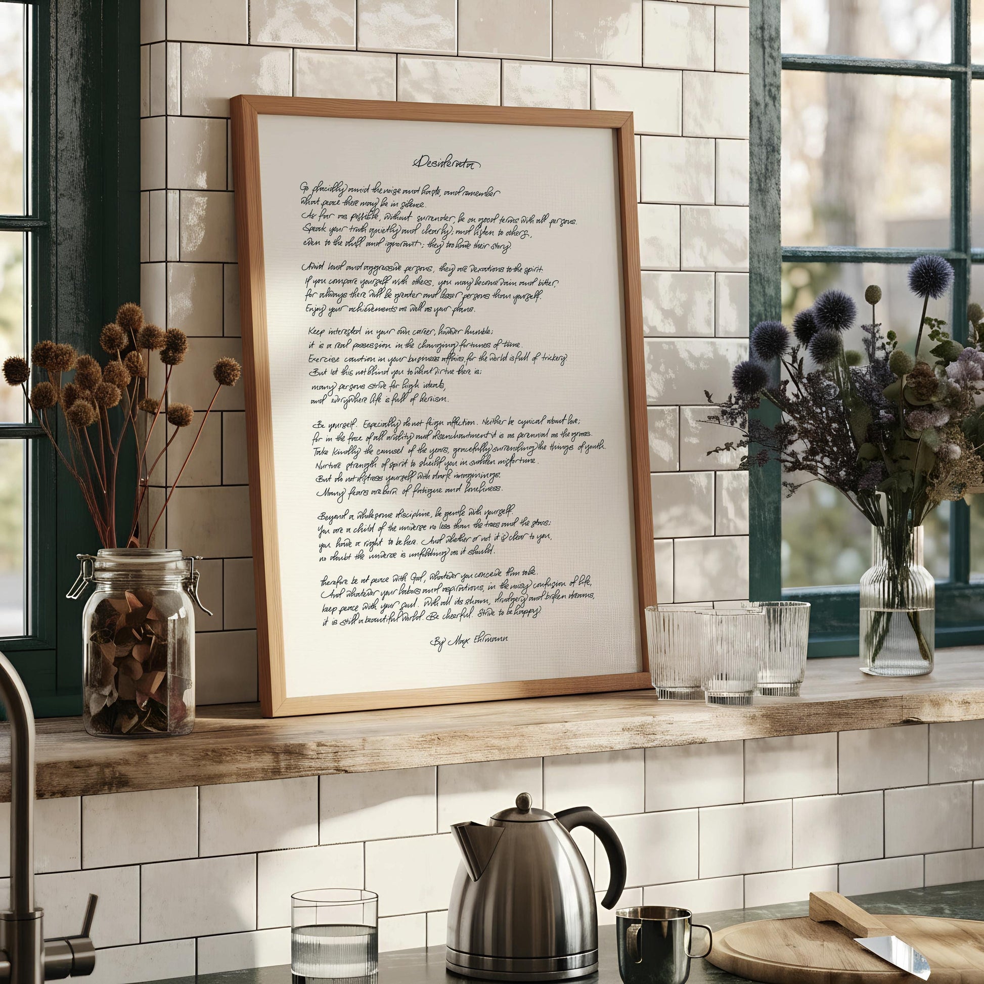 a framed handwritten poem titled "Dedication" with a black and white color scheme.