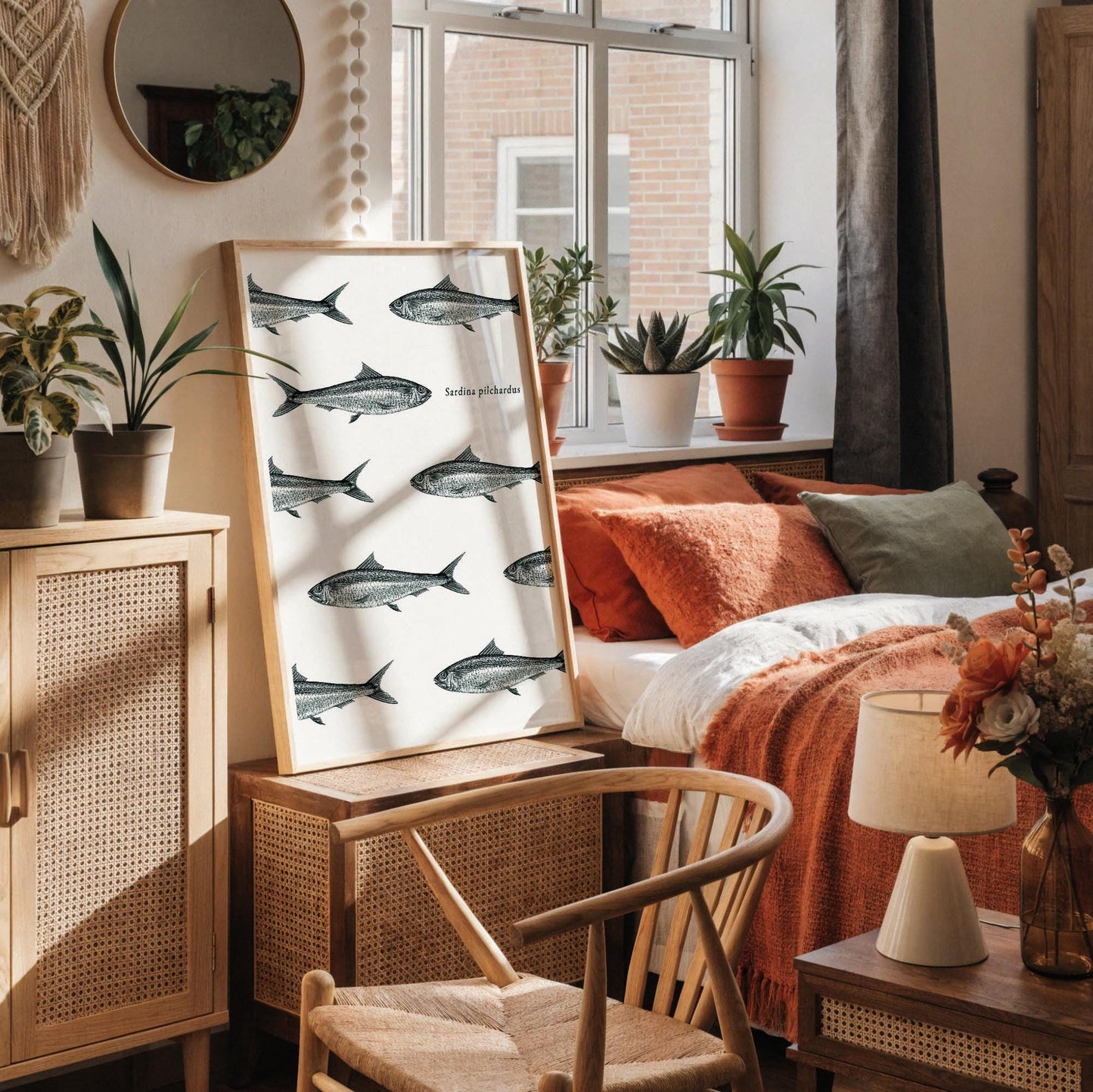 a white desk with a framed poster of fish, a notebook, a cup, and a vase with dried flowers.