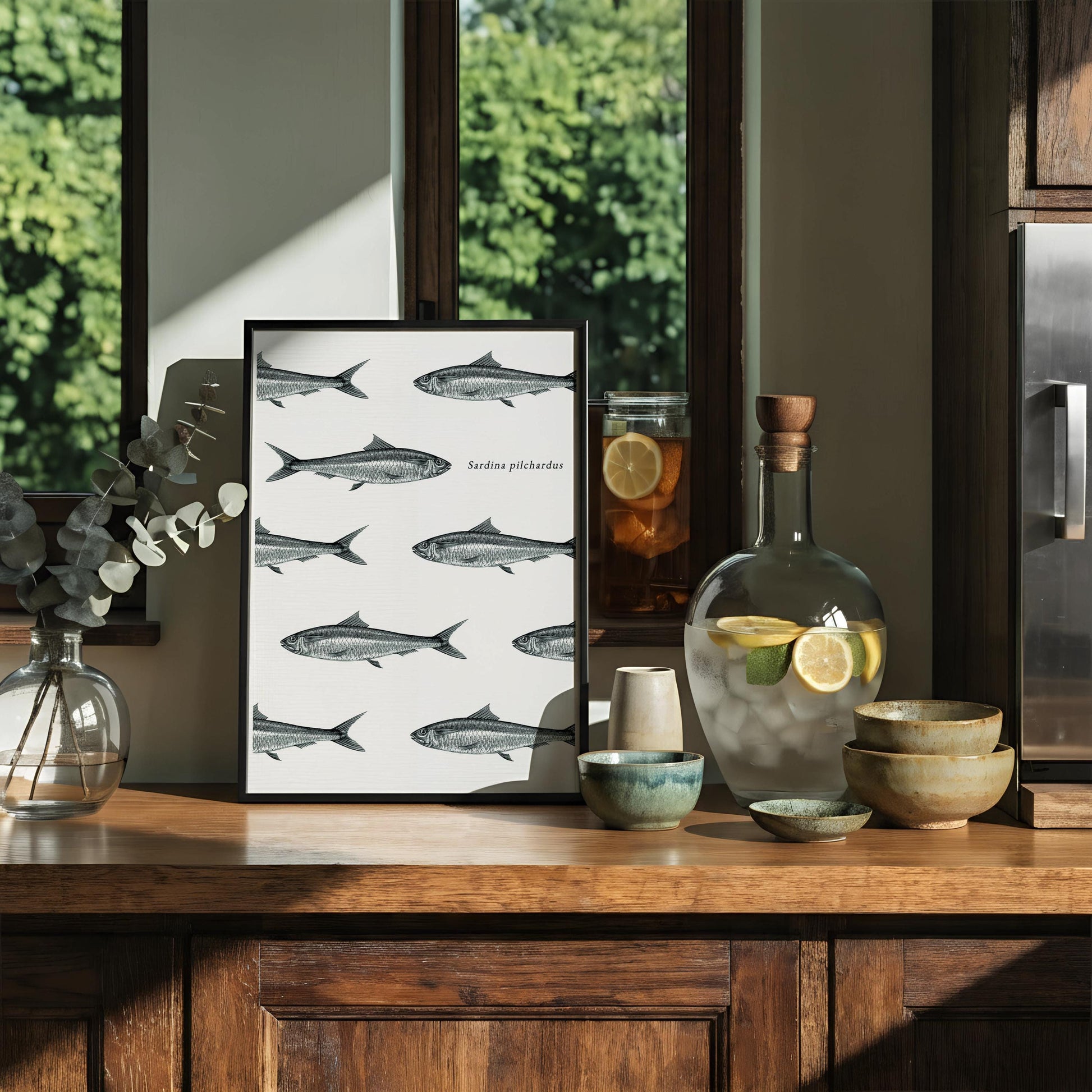 Sardine Print Poster | Vintage Nautical Kitchen Art | Fish Shoal Wall Decor | Sardina Pilchardus Illustration Print