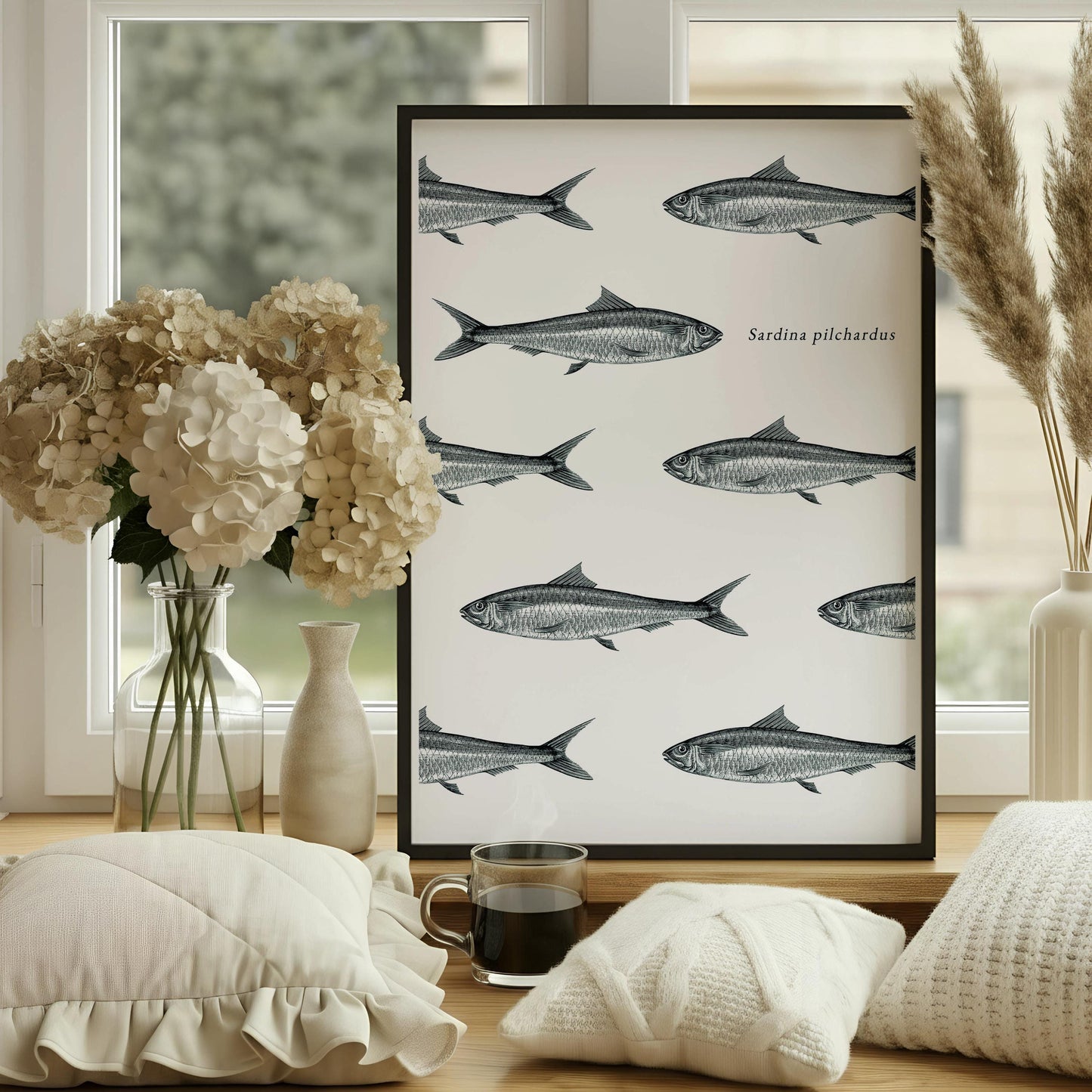 Sardine Print Poster | Vintage Nautical Kitchen Art | Fish Shoal Wall Decor | Sardina Pilchardus Illustration Print