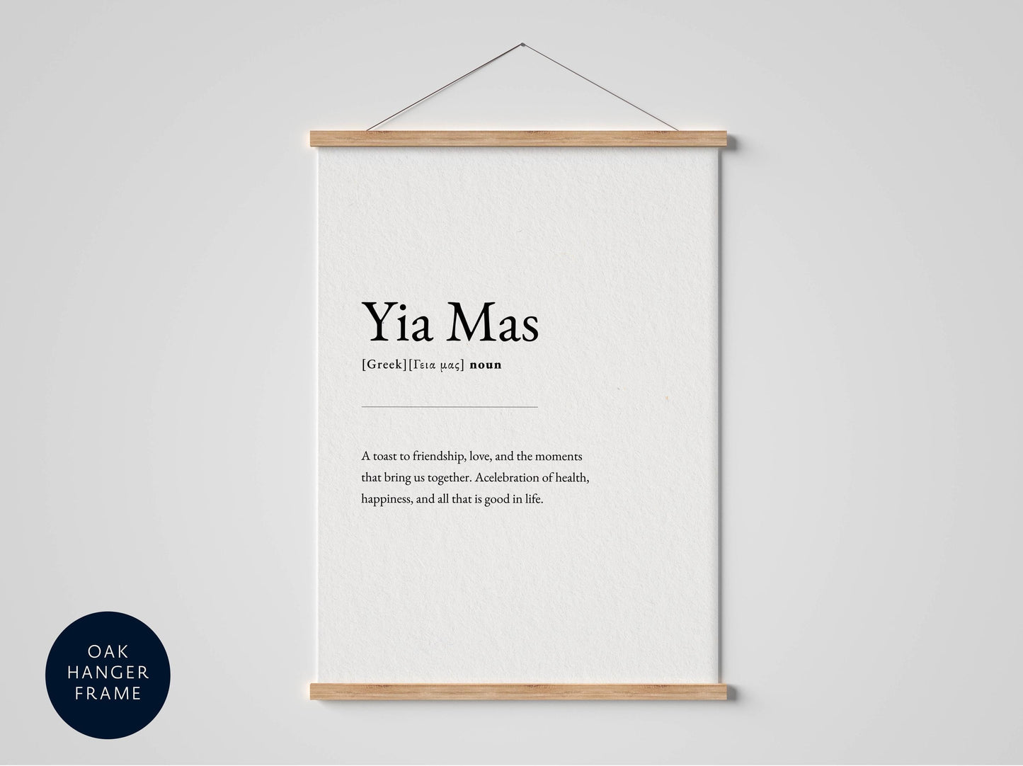 A framed definition of 'Yia Mas' against a white background, with a black border.