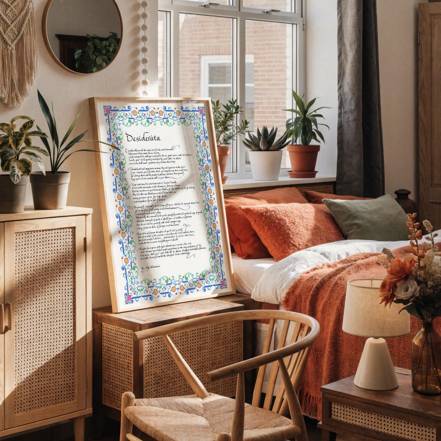 a framed piece of art with a poem or text displayed on a white wall, accompanied by a white desk with various items such as a cup, a notebook, and a vase.