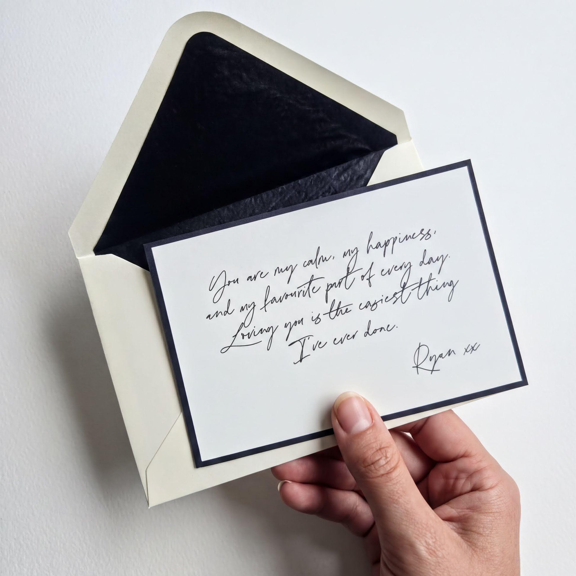 thick note card and luxury tissue lined envelope set, handwritten note card