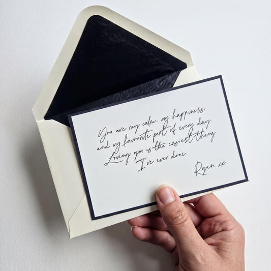 thick note card and luxury tissue lined envelope set, handwritten note card