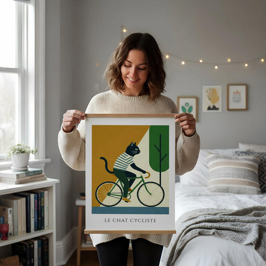 Cycling Cat Print, Funny Cat Wall Art, Bicycle Poster, Cute Animal Illustration, Whimsical Pet Decor, Gift for Kitten Lovers, Kids Room Art