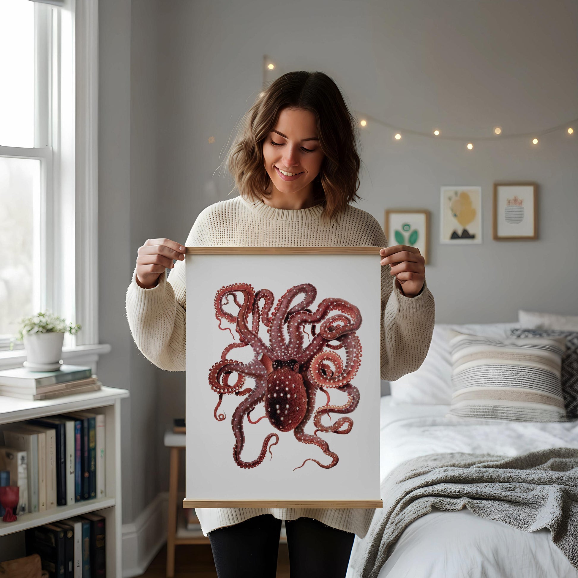 a framed illustration of an octopus on a white desk, accompanied by various office supplies and decorative items.