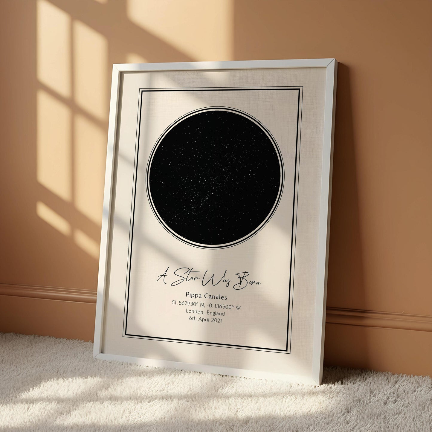 A star-shaped canvas print with a black background and white text, hanging on a wall.
