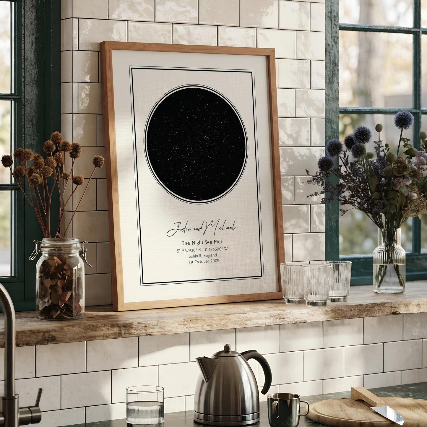 A framed print with a black starry sky design and text that reads "A Star Way Bione" and provides the location "51 565760, N, 141505 W, Llewis, Scotland, 6th April 2021".