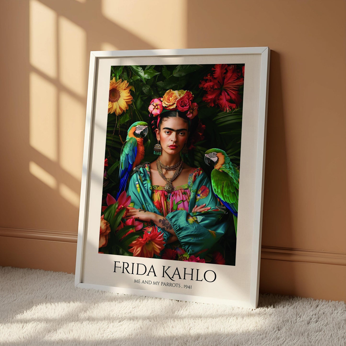 The image is a framed print of a portrait of Frida Kahlo, a famous Mexican artist, surrounded by tropical flowers and birds.