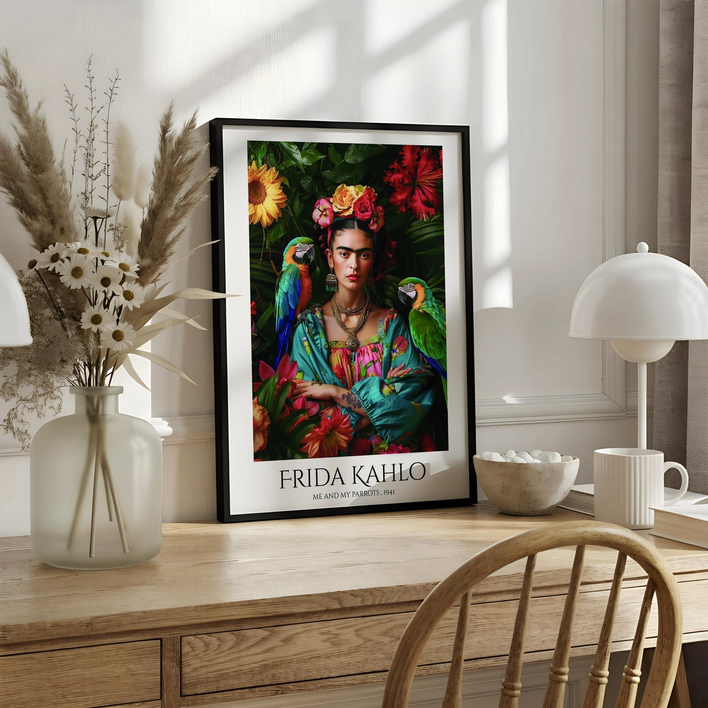 Frida Kahlo Parrots Art Print | Tropical Portrait Wall Art | Mexican Artist Poster | Colourful Botanical Decor | Feminist Gift