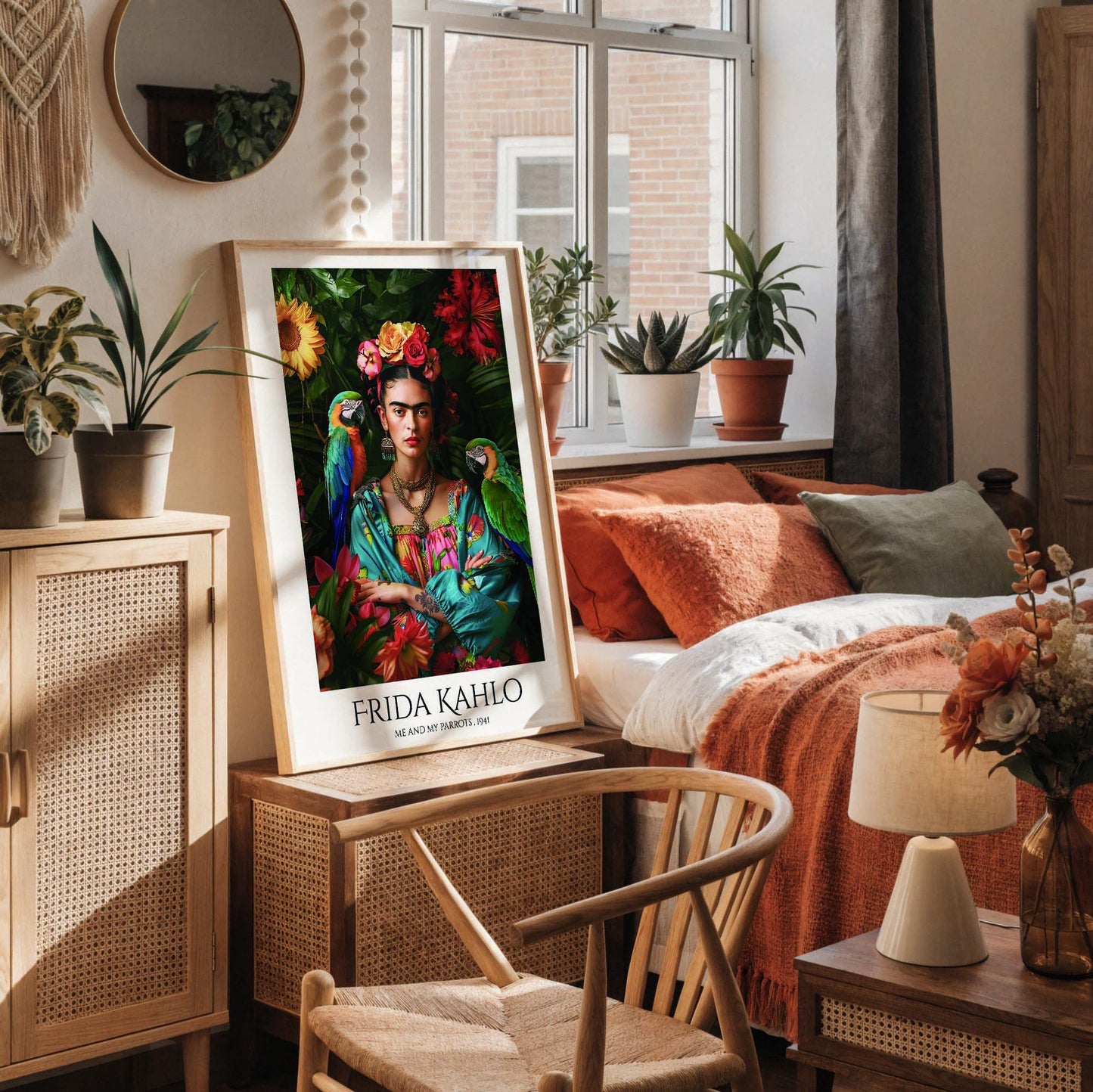 Frida Kahlo Parrots Art Print | Tropical Portrait Wall Art | Mexican Artist Poster | Colourful Botanical Decor | Feminist Gift