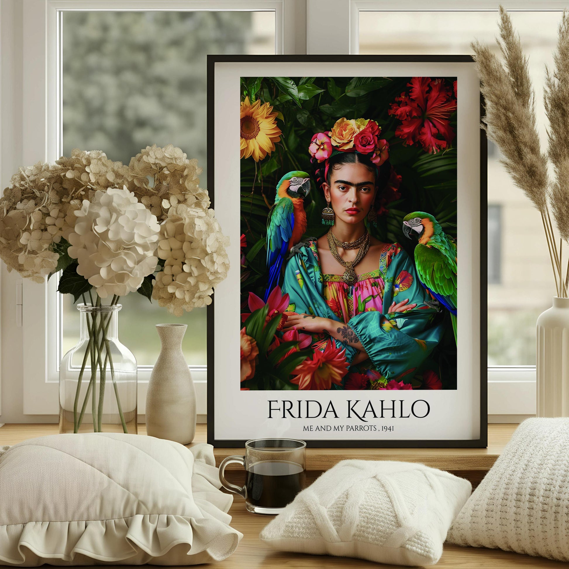 Frida Kahlo Parrots Art Print | Tropical Portrait Wall Art | Mexican Artist Poster | Colourful Botanical Decor | Feminist Gift