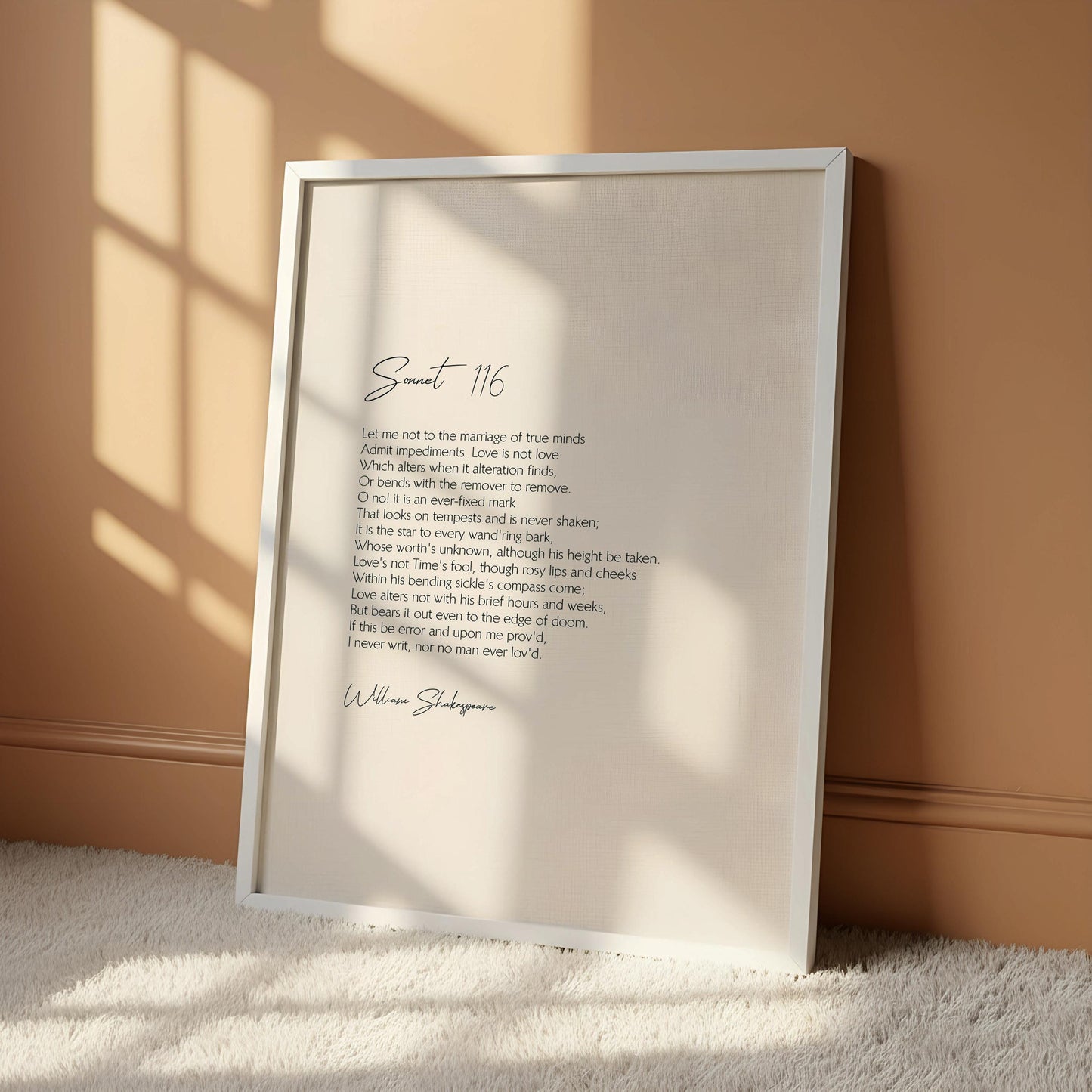 a white poster with a poem titled "Samentary" by William Shakespeare, hanging on a wall.