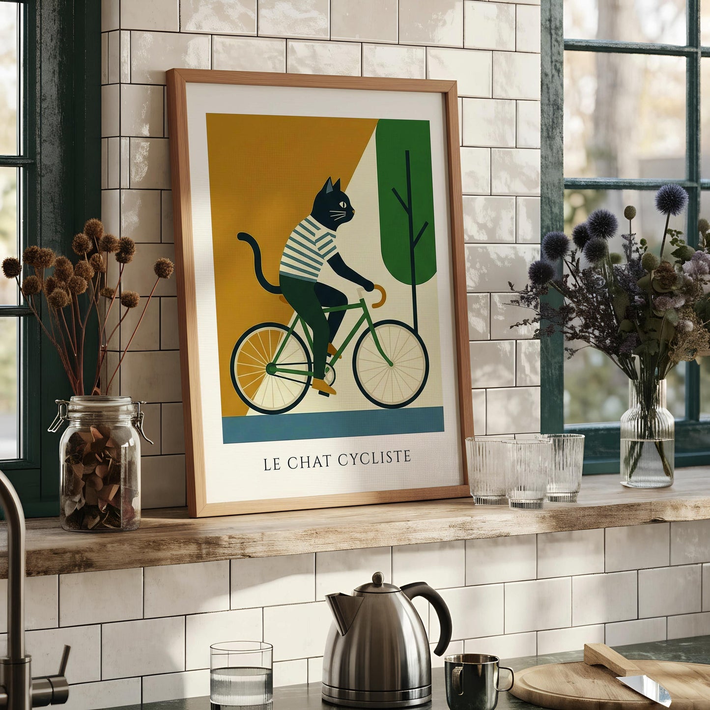 Cycling Cat Print, Funny Cat Wall Art, Bicycle Poster, Cute Animal Illustration, Whimsical Pet Decor, Gift for Kitten Lovers, Kids Room Art
