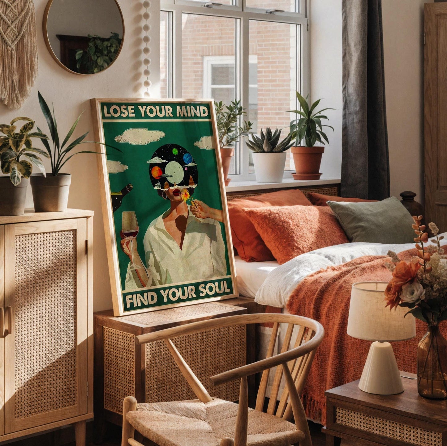 a framed poster with the text "LOSE YOUR MIND FIND YOUR SOUL" displayed on a white desk. The poster also includes an illustration of a woman with a cosmic background. The desk has various items on it, such as a notebook, a cup, and a vase.