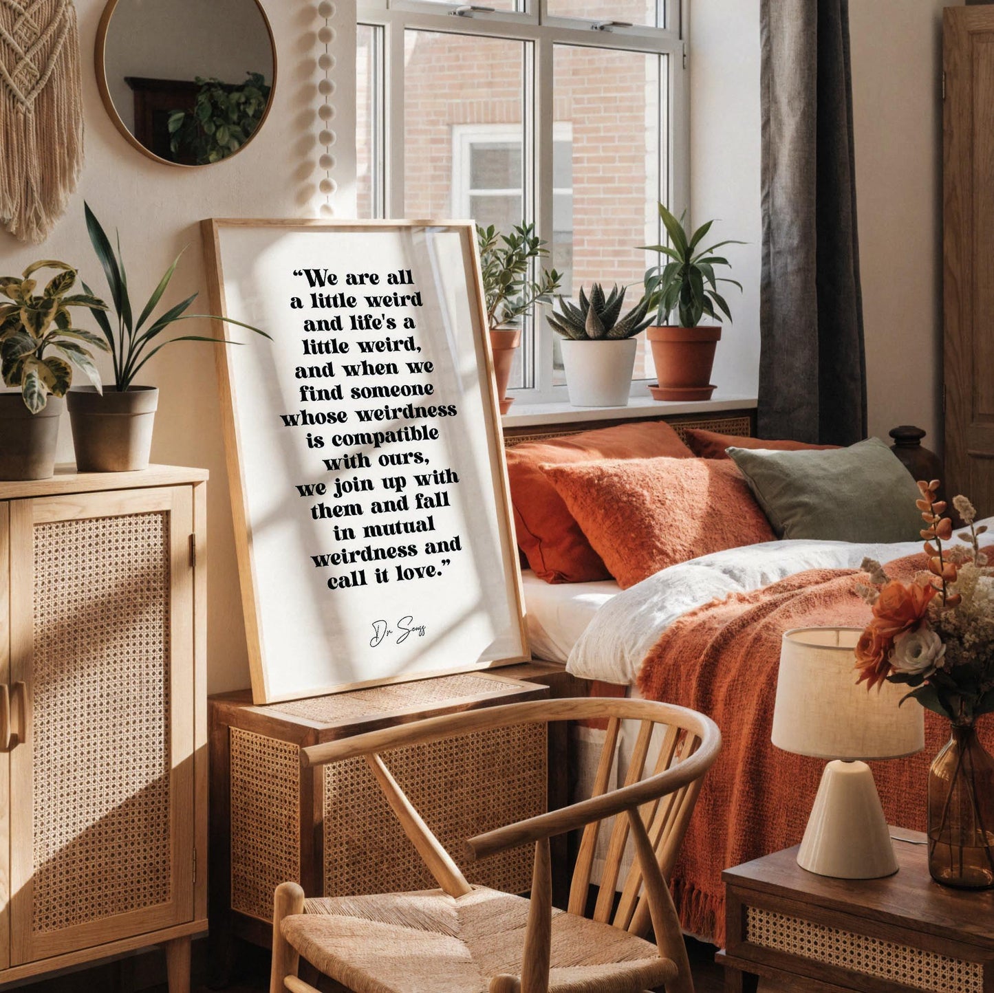 a framed quote by Dr. Seuss, which reads: "We are all a little weird and life's a little weird, and when we find someone whose weirdness is compatible with ours, we join up with them and fall in mutual weirdness and call it love."