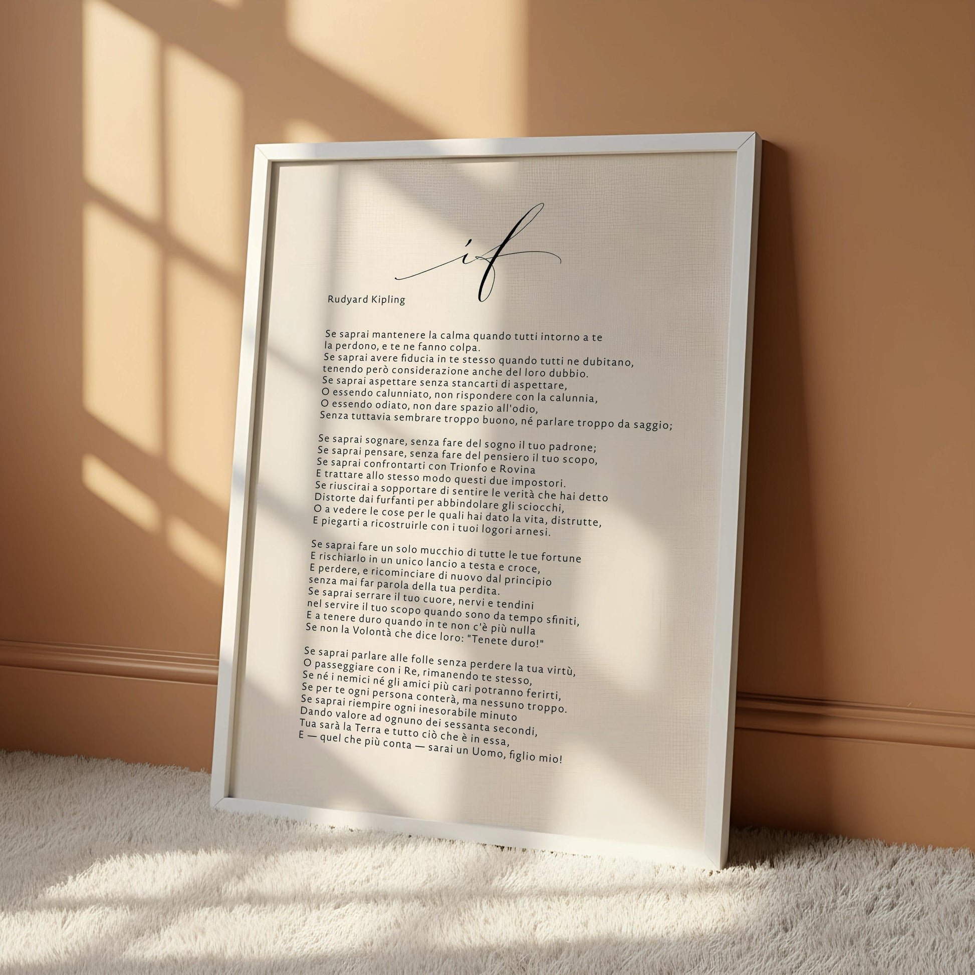 The image is a framed print of a poem titled "RudyARDO LINDO" by Rudyard Kipling, featuring a wooden hanger. The text of the poem is in English and is written in a cursive font. The image does not contain any additional information about the content or context of the poem, and it does not depict any visual elements. The image is a single, unconnected scene, and there are no specific details about the content or context of the poem.