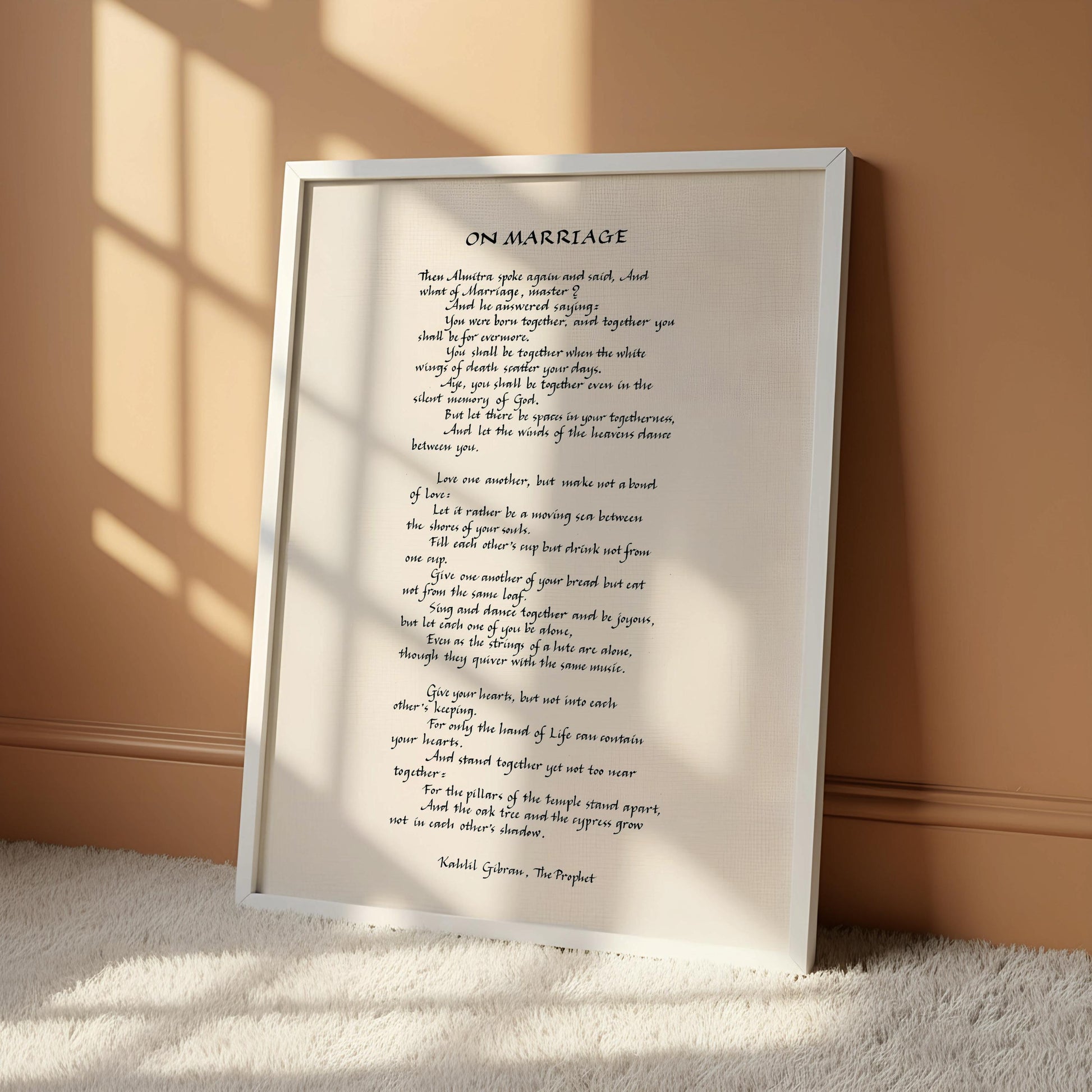 a framed poem titled "ON MARRIAGE" written in black text on a white background.