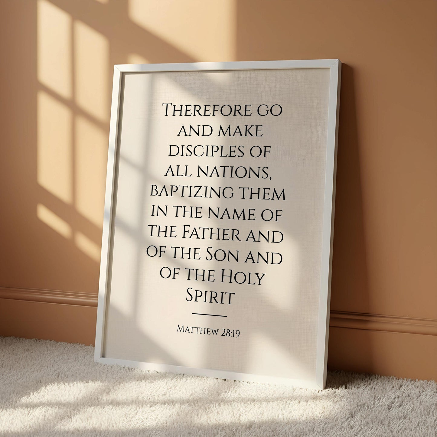 a quote from the Bible, specifically Matthew 28:19, which states "Therefore go and make disciples of all nations, baptizing them in the name of the Father and of the Son and of the Holy Spirit".