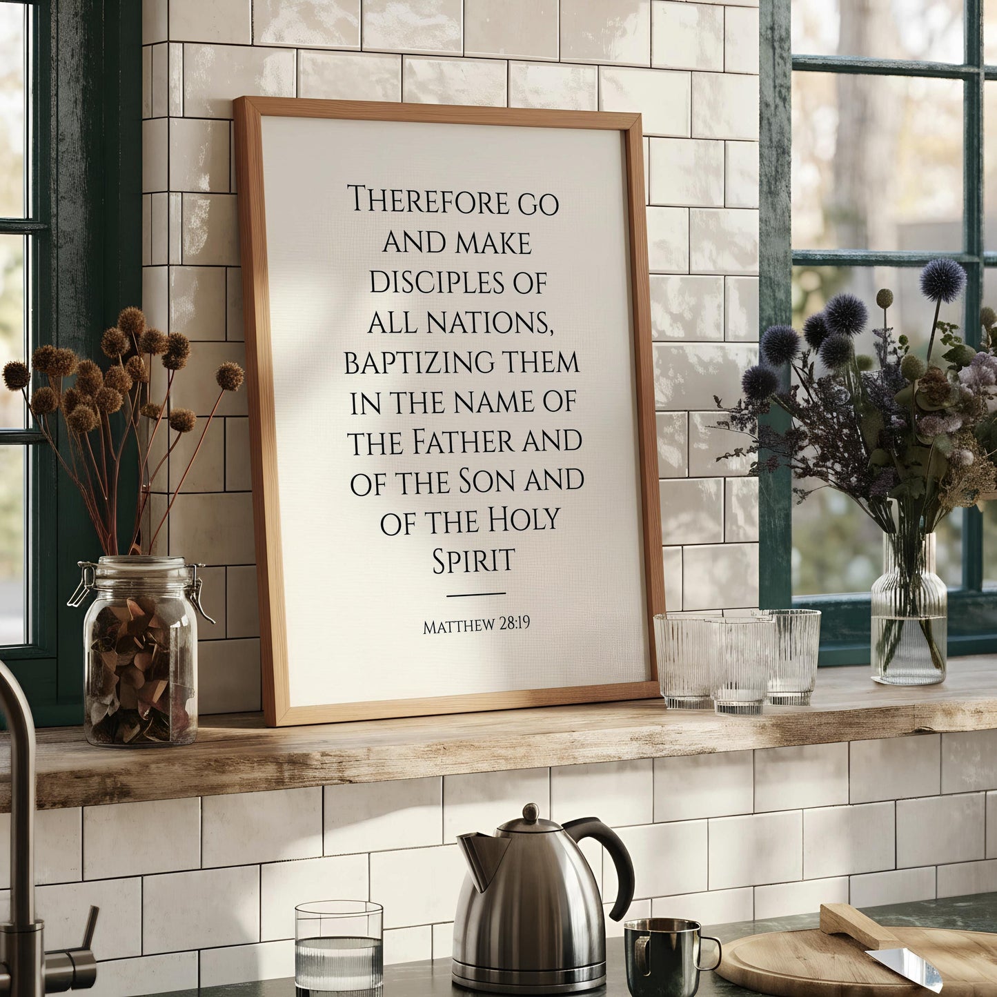 a framed quote from the Bible, specifically Matthew 28:19, which states "Therefore go and make disciples of all nations, baptizing them in the name of the Father and of the Son and of the Holy Spirit".