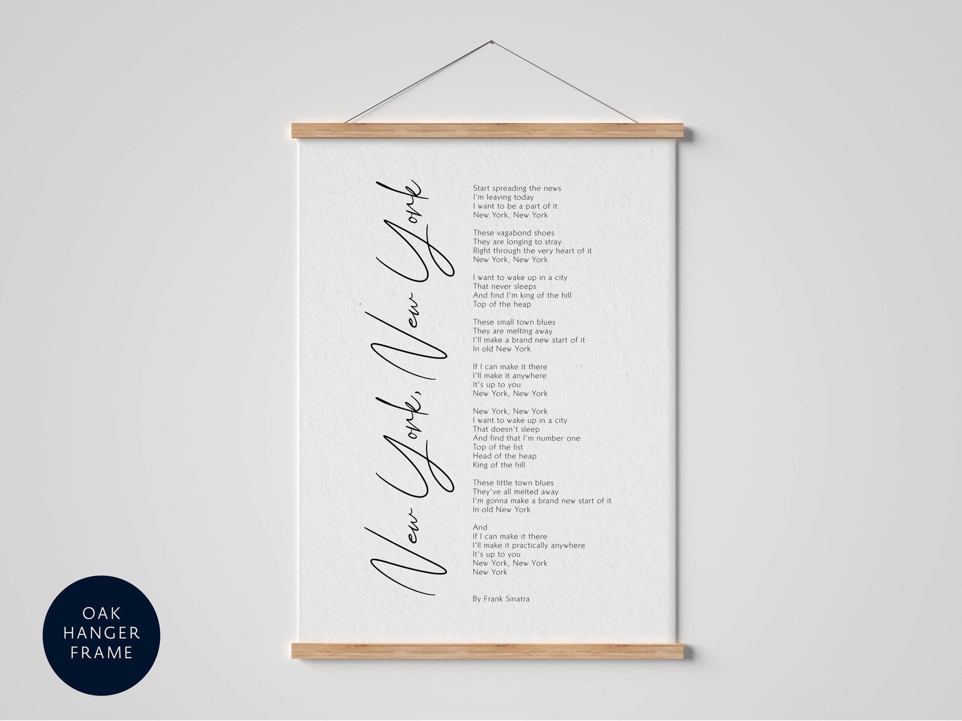 a framed black and white poem titled "New York, New York" by Frank Sinatra.