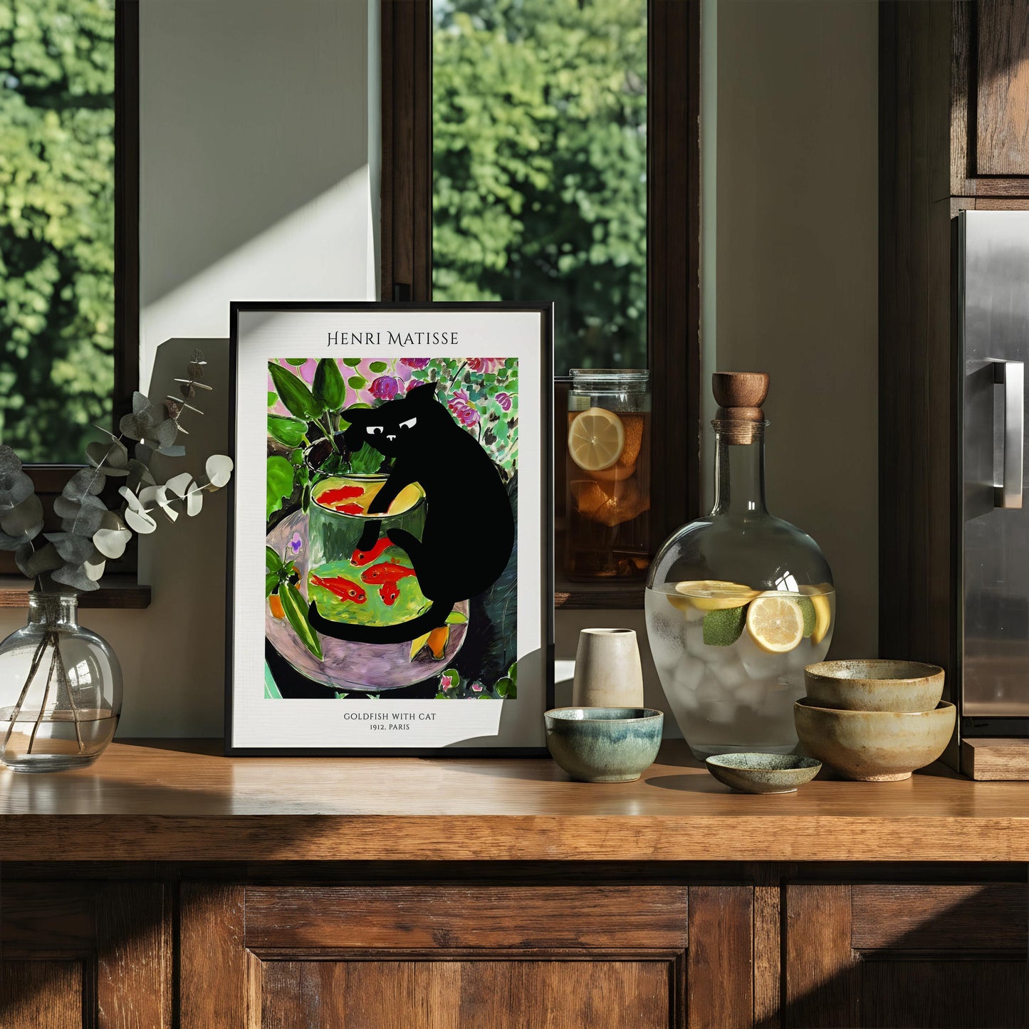 Henri Matisse Goldfish with Cat Print, Funny Feline Poster | Gift for Kitten Lover | Framed Oak Hanger