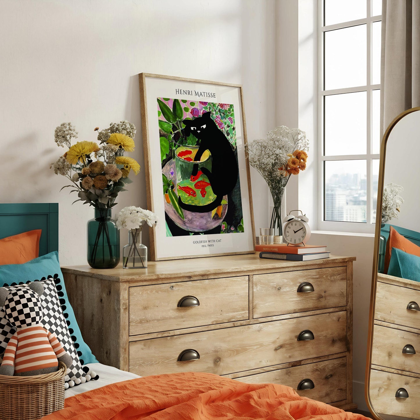 Henri Matisse Goldfish with Cat Print, Funny Feline Poster | Gift for Kitten Lover | Framed Oak Hanger
