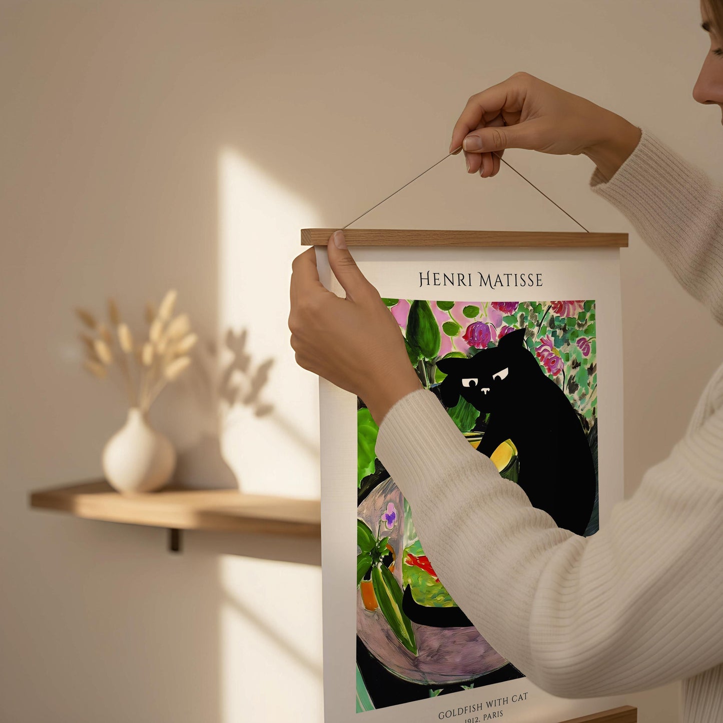 Henri Matisse Goldfish with Cat Print, Funny Feline Poster | Gift for Kitten Lover | Framed Oak Hanger