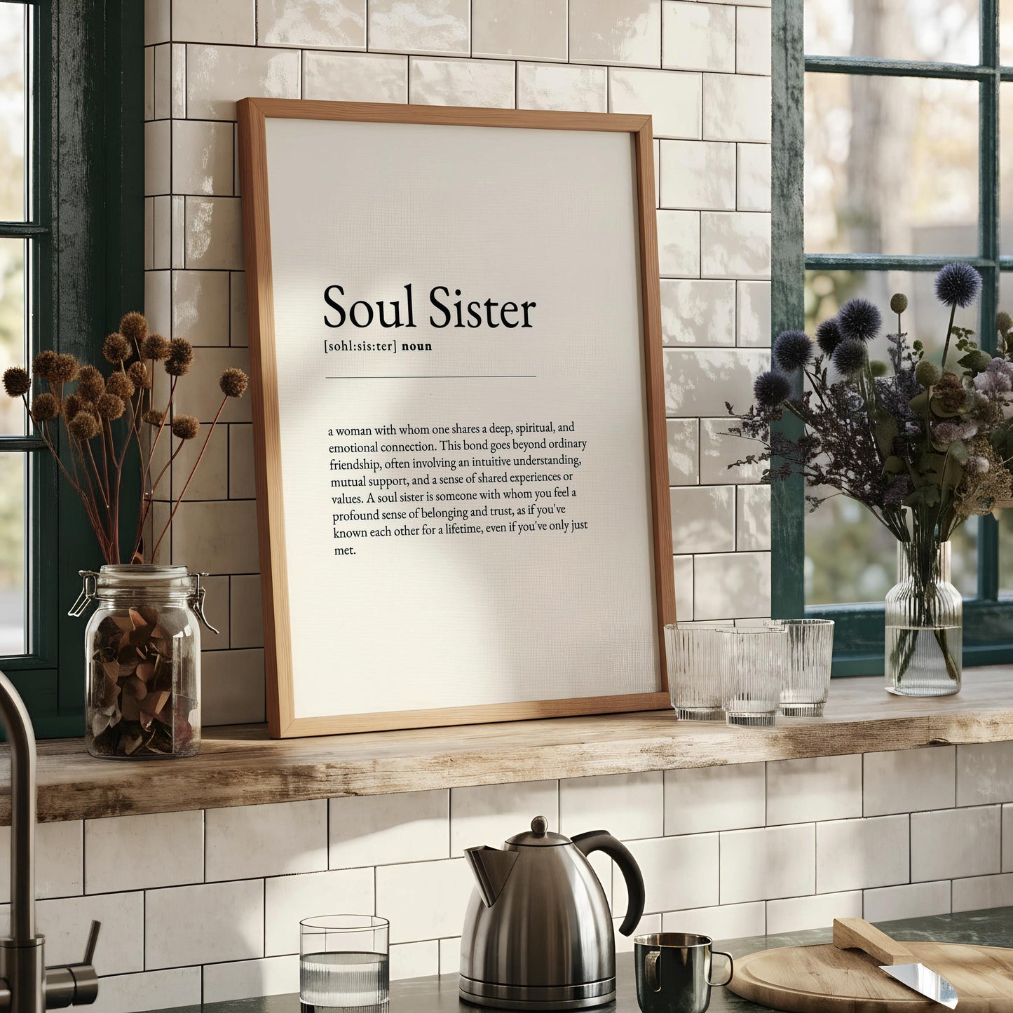 a framed definition of a "Soul Sister" in a black and white color scheme.
