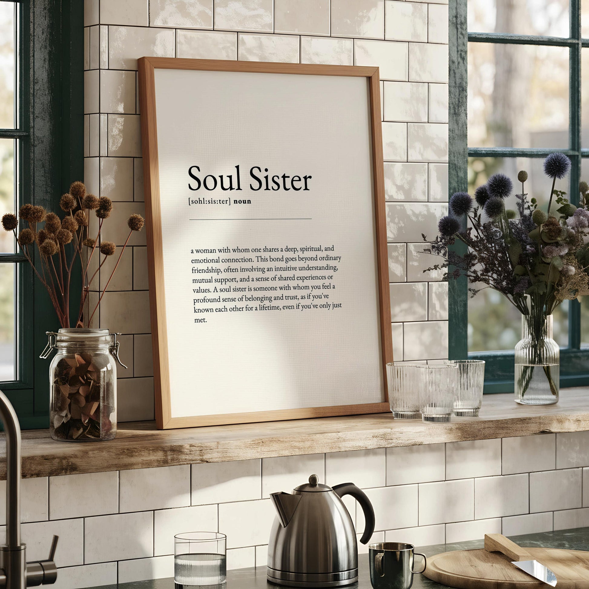 a framed definition of a "Soul Sister" in a black and white color scheme.