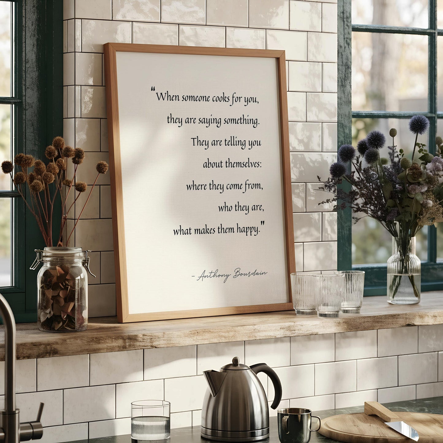 a quote by Anthony Bourdain, which reads: "When someone cooks for you, they are saying something. They are telling you about themselves. Where they come from, who they are, what makes them happy."
