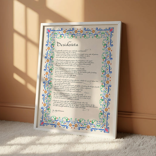 The image is a framed print of a poem titled "Desiderata" with an ornate border and decorative elements.