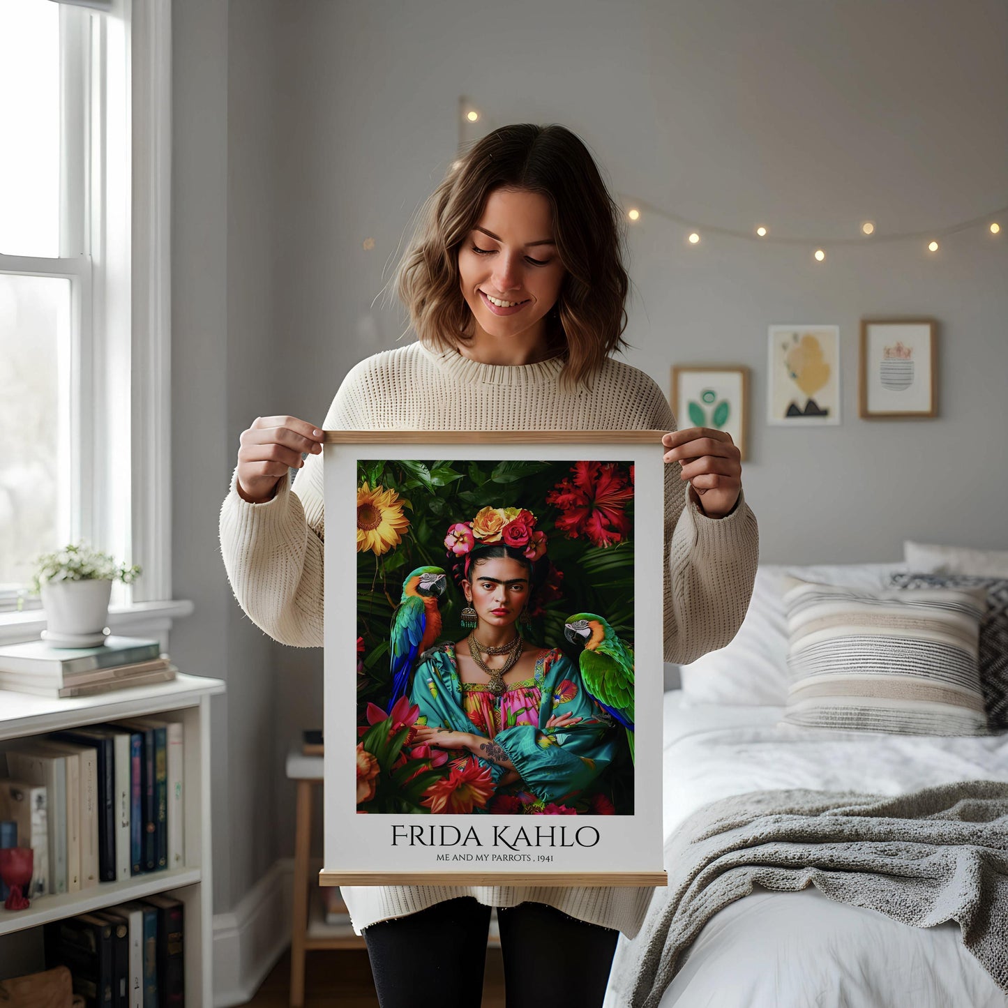 Frida Kahlo Parrots Art Print | Tropical Portrait Wall Art | Mexican Artist Poster | Colourful Botanical Decor | Feminist Gift