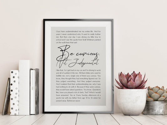 Be Curious. Not Judgemental. Quote from Ted Lasso - Framed Print - Ted Lasso Poster - Walt Whitman