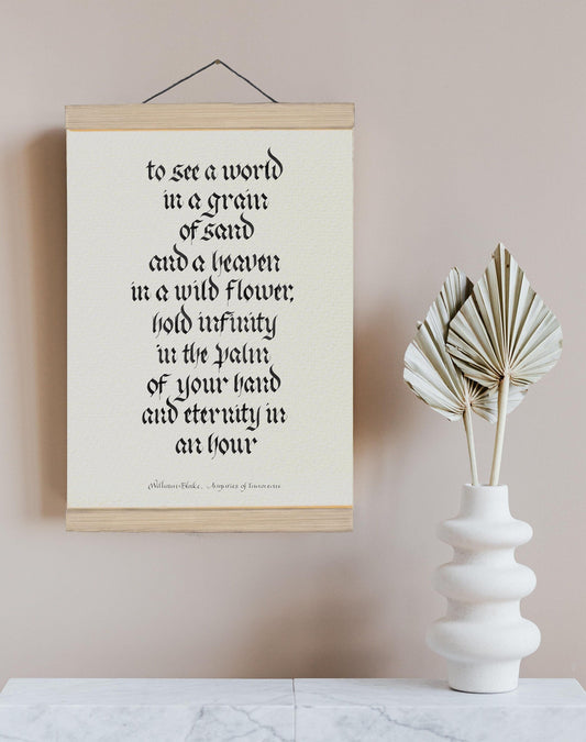 William Blake Framed quote print, Auguries of Innocence in Calligraphy - To see a world in a grain of sand - Book Quote Prints